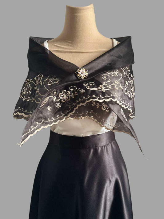 Black Embroidered Organza Traditional Alampay| Barong Republic