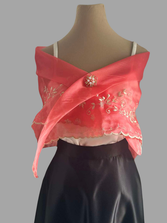 Red Embroidered Organza Traditional Alampay | Barong Republic