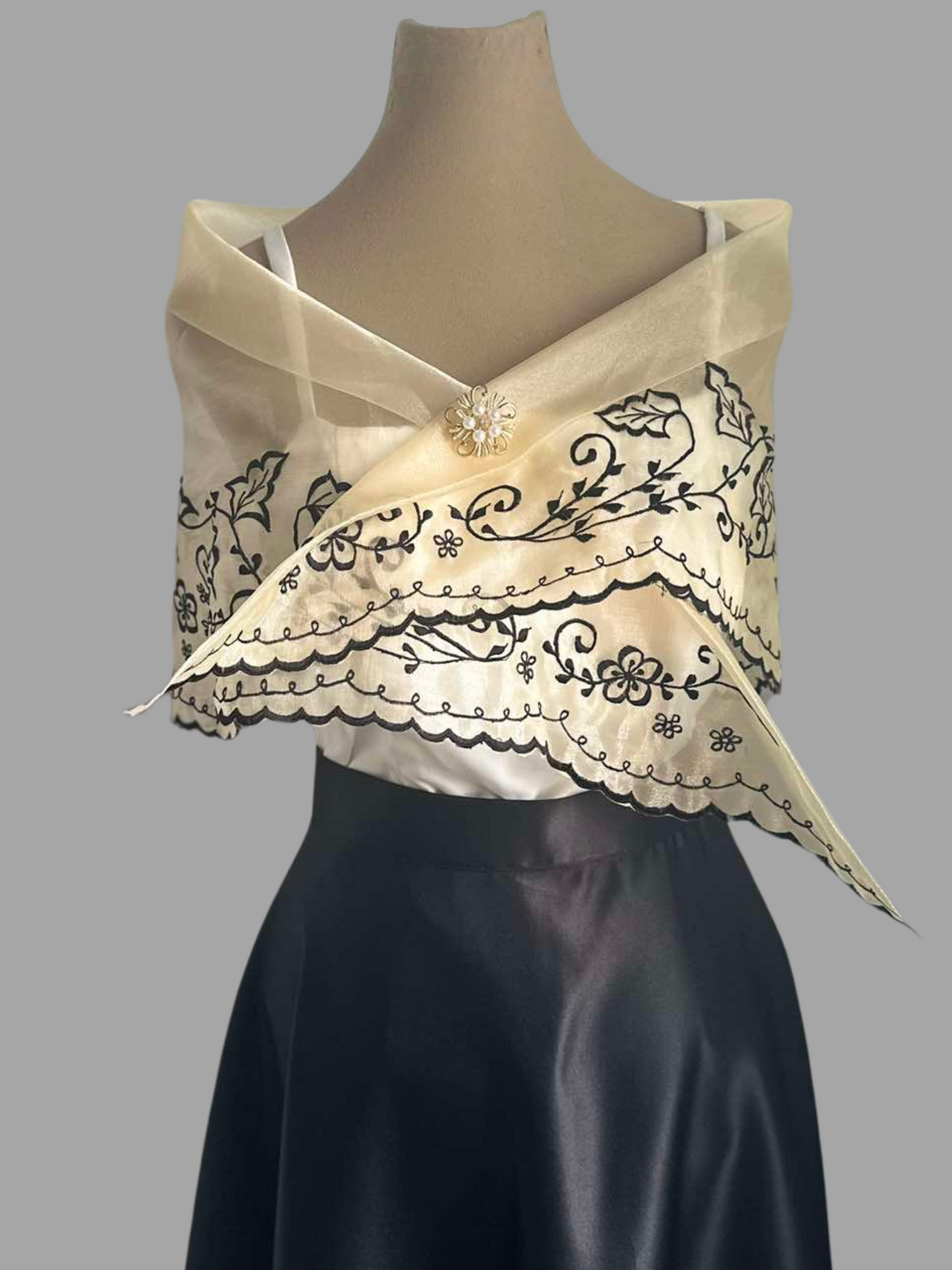 Black Embroidered Beige Organza Traditional Alampay | Barong Republic