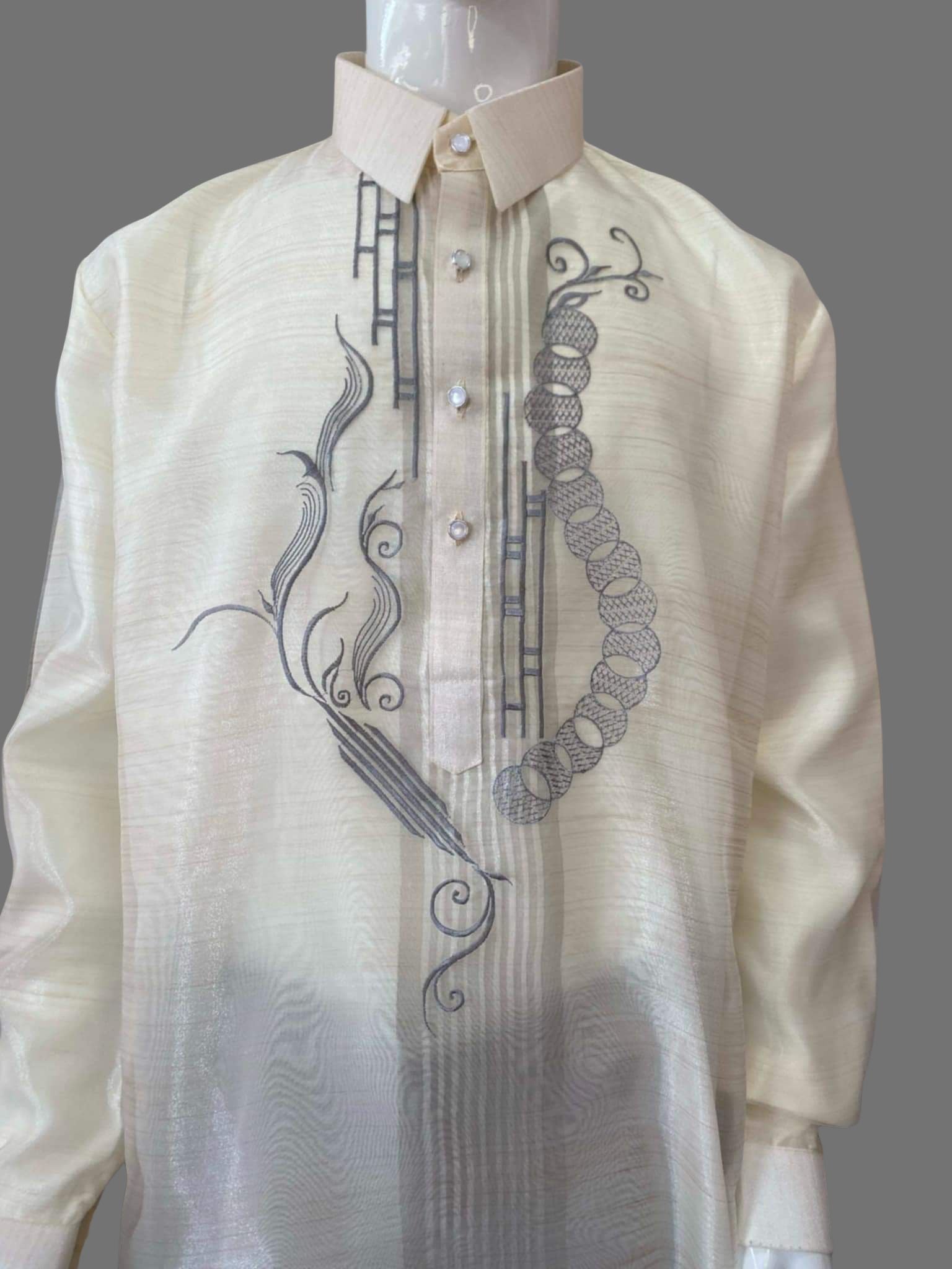 Classic Organza Ethnic Gray Embroidered Barong Tagalog | Barong Republic