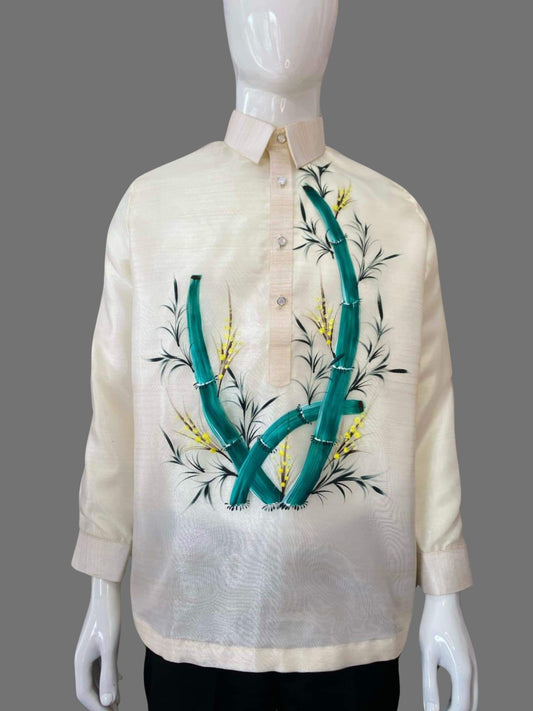 Organza Fabric Barong Tagalog with Classic Green Bamboo Embroidery | Barong Republic