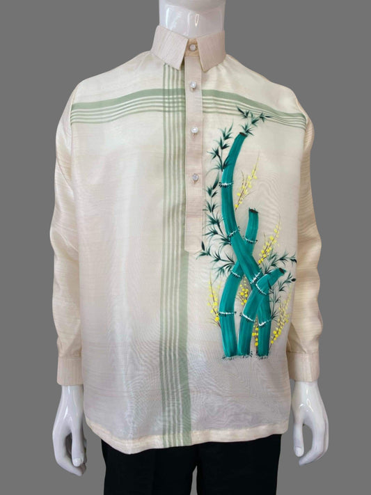 Elegant Organza Barong Tagalog With Artistic Green Bamboo Embroidery | Barong Republic