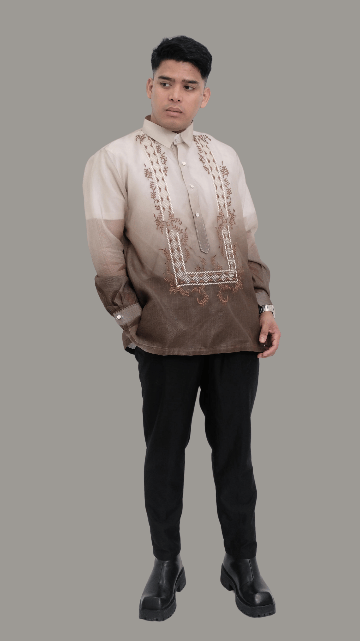 Sylish Brown with Embroided Barong Tagalog | Barong Republic