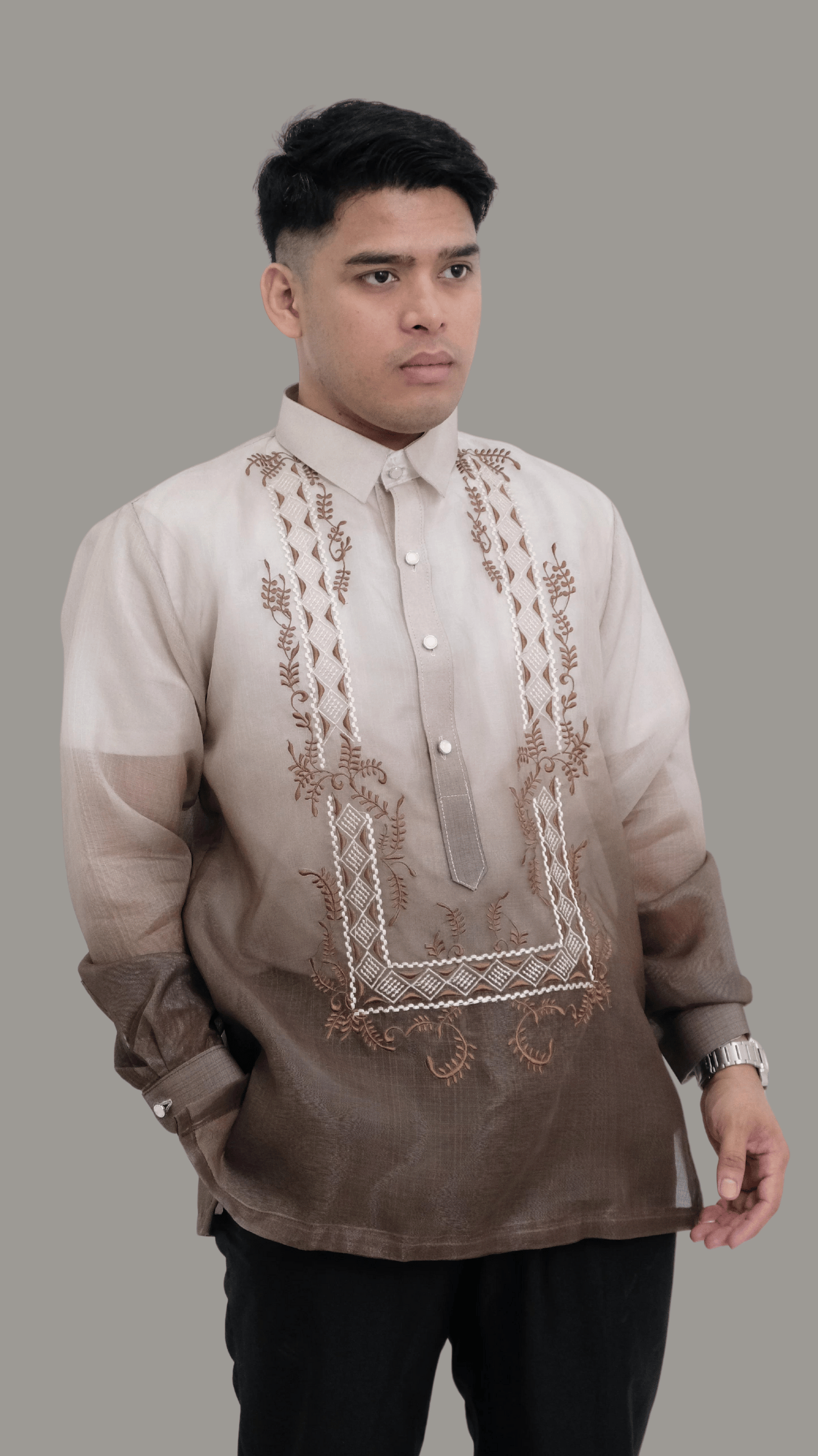 Sylish Brown with Embroided Barong Tagalog | Barong Republic