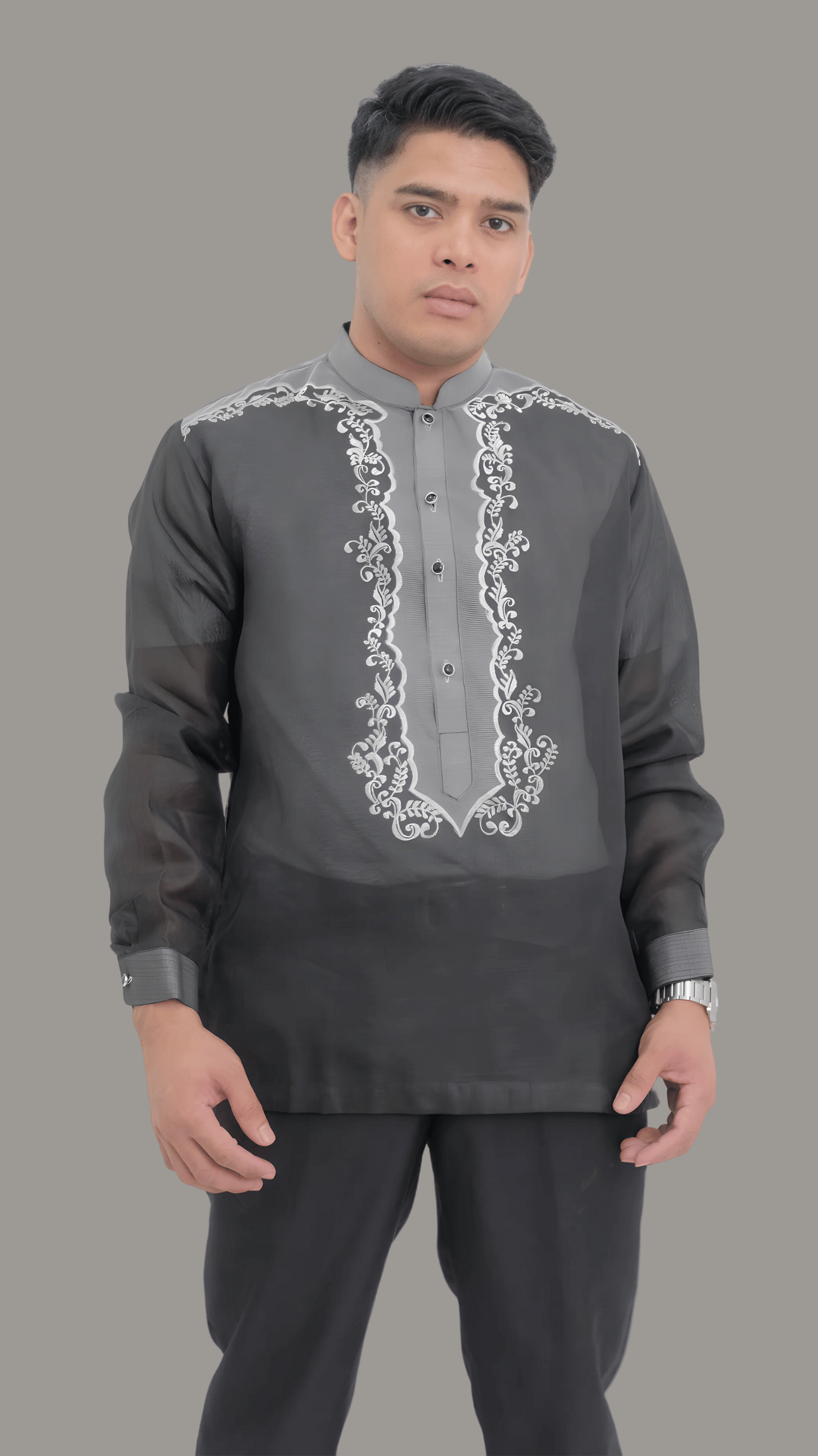 Black Jusi Premium with Embroidered Design Barong Tagalog | Barong Republic