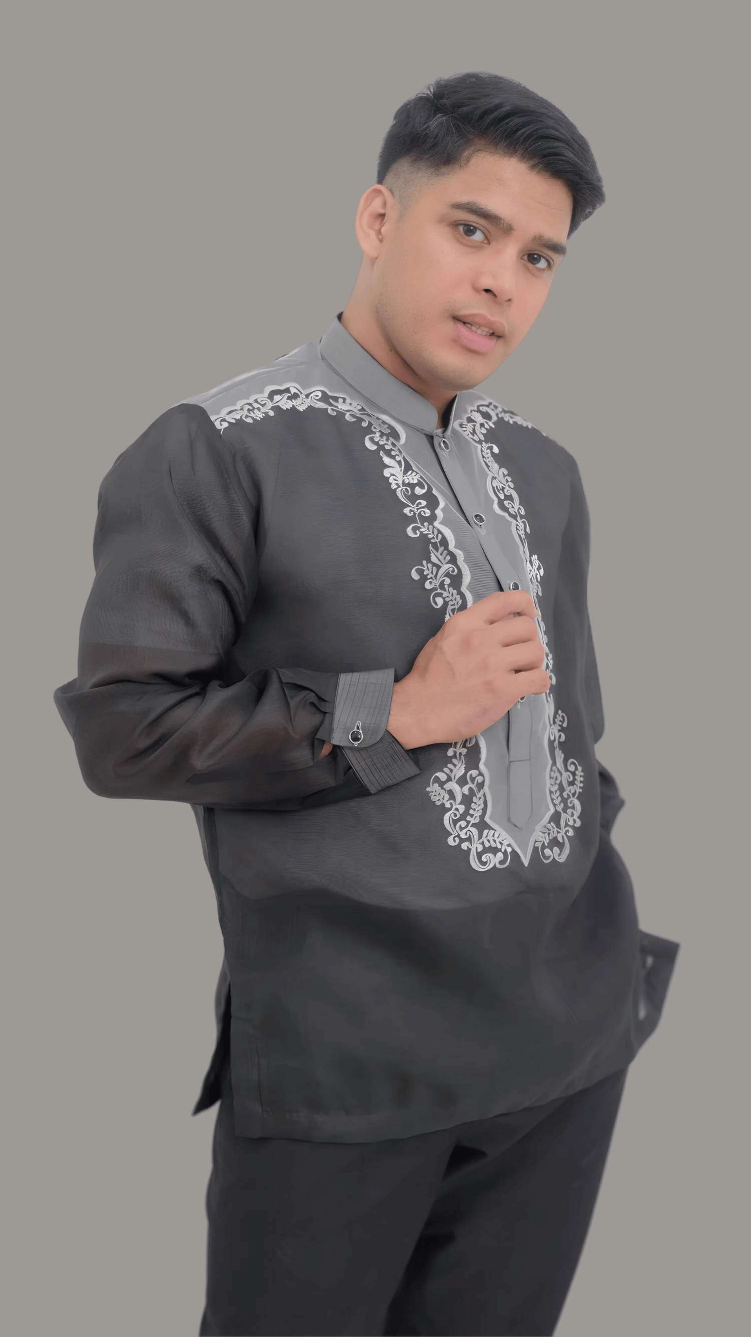 Black Jusi Premium with Embroidered Design Barong Tagalog | Barong Republic