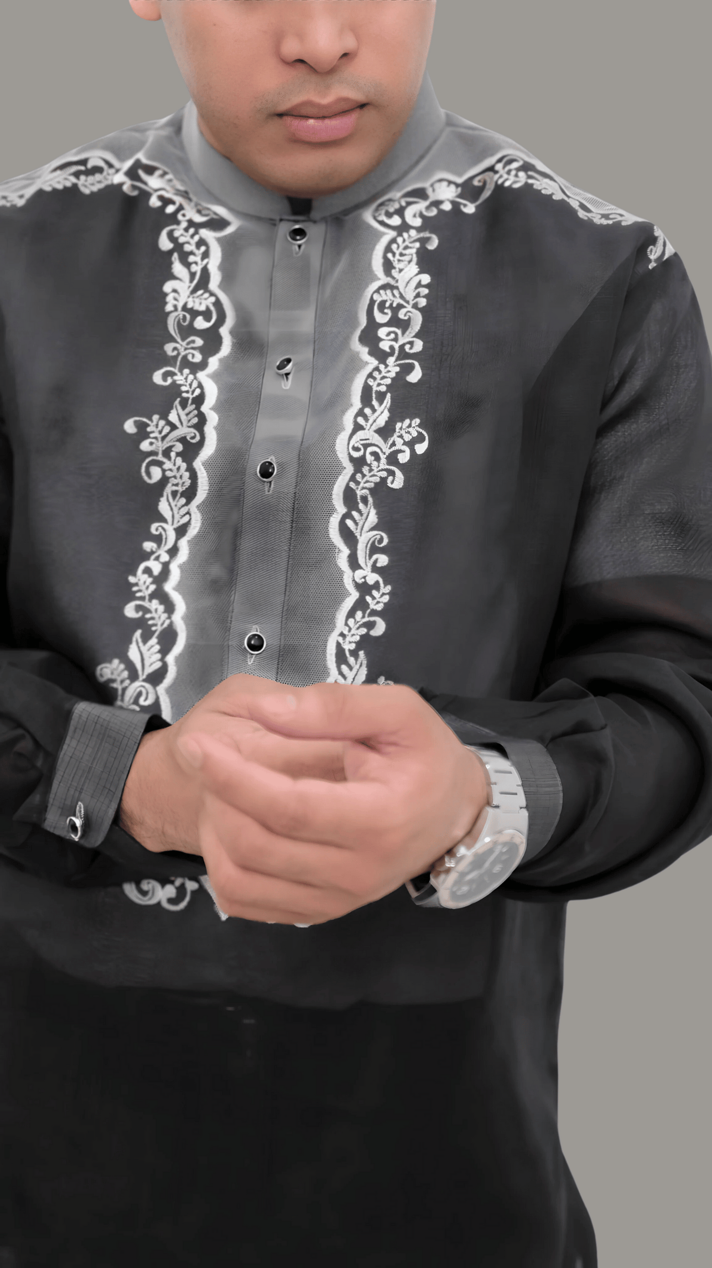 Black Jusi Premium with Embroidered Design Barong Tagalog | Barong Republic
