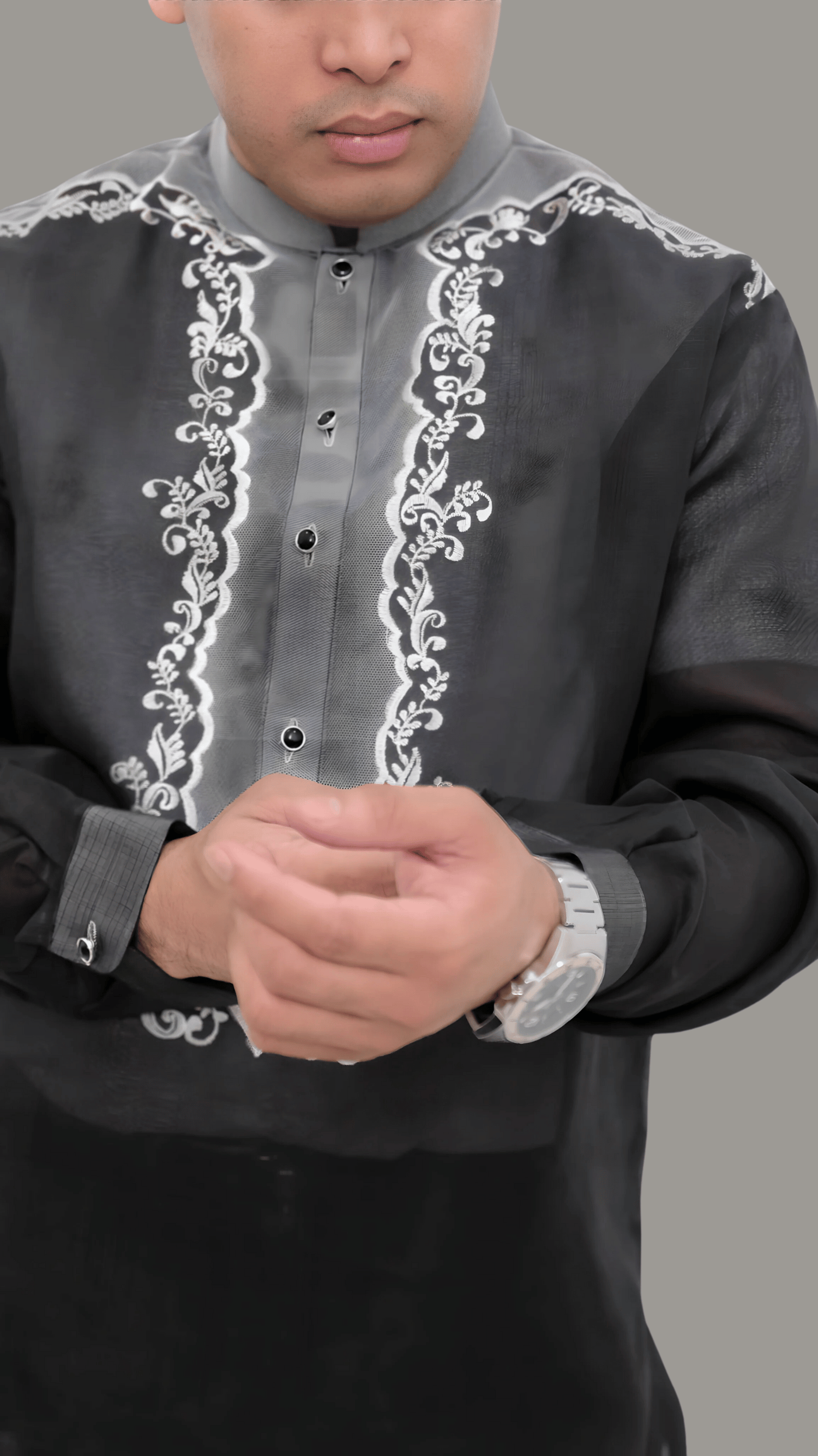 Black Jusi Premium with Embroidered Design Barong Tagalog | Barong Republic