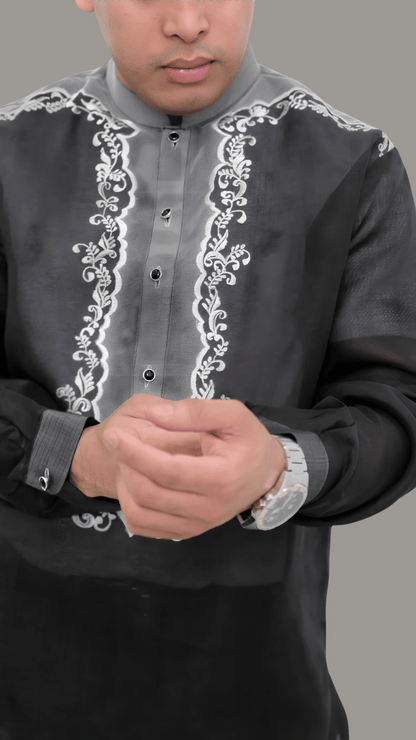 Black Jusi Premium with Embroidered Design Barong Tagalog | Barong Republic