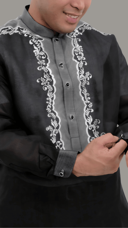 Black Jusi Premium with Embroidered Design Barong Tagalog | Barong Republic